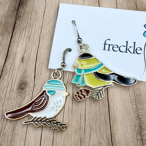 Winter Bird Earrings – Cozy Chickadees with Hat & Scarf