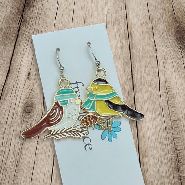 Winter Bird Earrings – Cozy Chickadees with Hat & Scarf