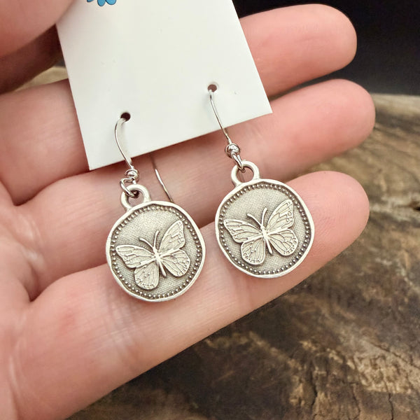 Vintage Butterfly Earrings - Matte Antique Silver Plated