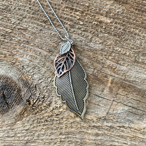 Mixed Metal Antique Brass Feather Necklace