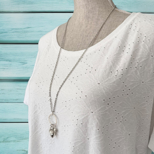 Large Acorn Forest Pendant Necklace – Stainless Steel Long Chain