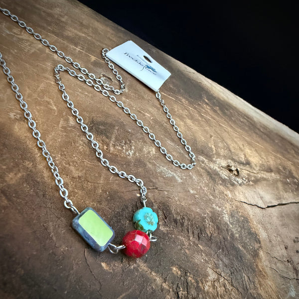 Handmade colorful bead necklace featuring mixed Czech glass beads on a stainless steel chain