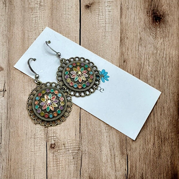 Enamel Bronze Boho Flower Earrings