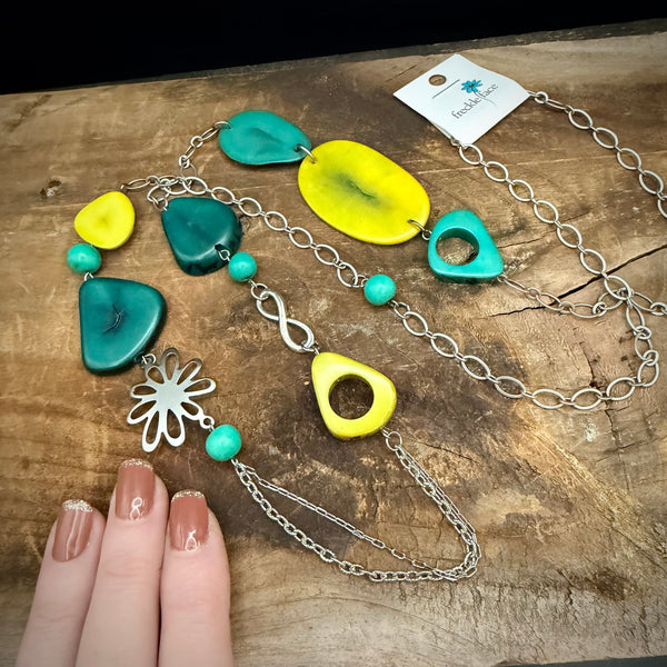 Turquoise & Lime Tagua Statement Necklace – Long 36”