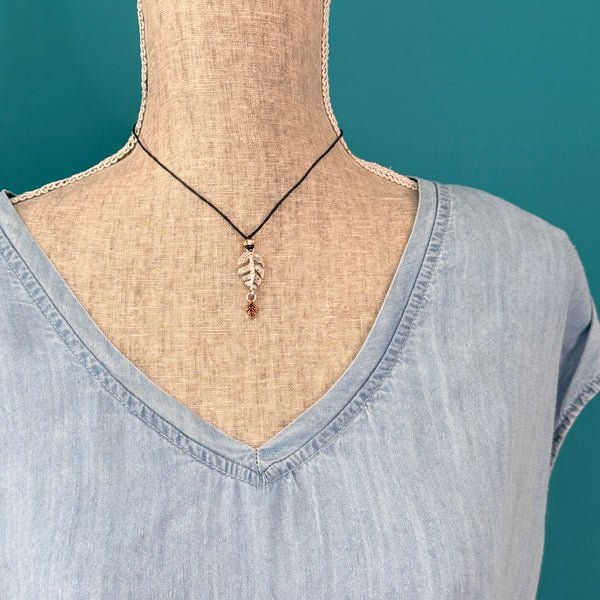 Adjustable Leaf Cord Necklace – Silver & Copper