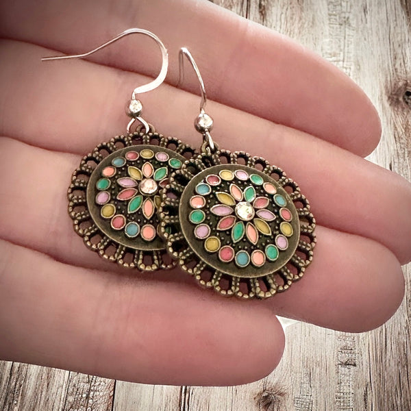 Enamel Bronze Boho Flower Earrings