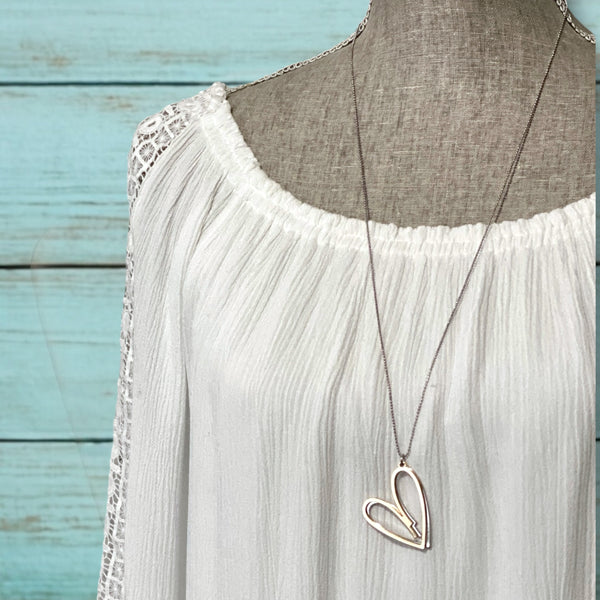 Double Heart Necklace – Long, Mixed Metals, Rose Gold & Silver Pendant