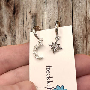 Tiny Hoop with Charm Earrings - Moon & Star