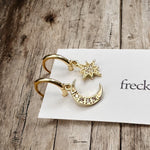 Tiny Hoop with Charm Earrings - Moon & Star