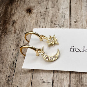 Tiny Hoop with Charm Earrings - Moon & Star