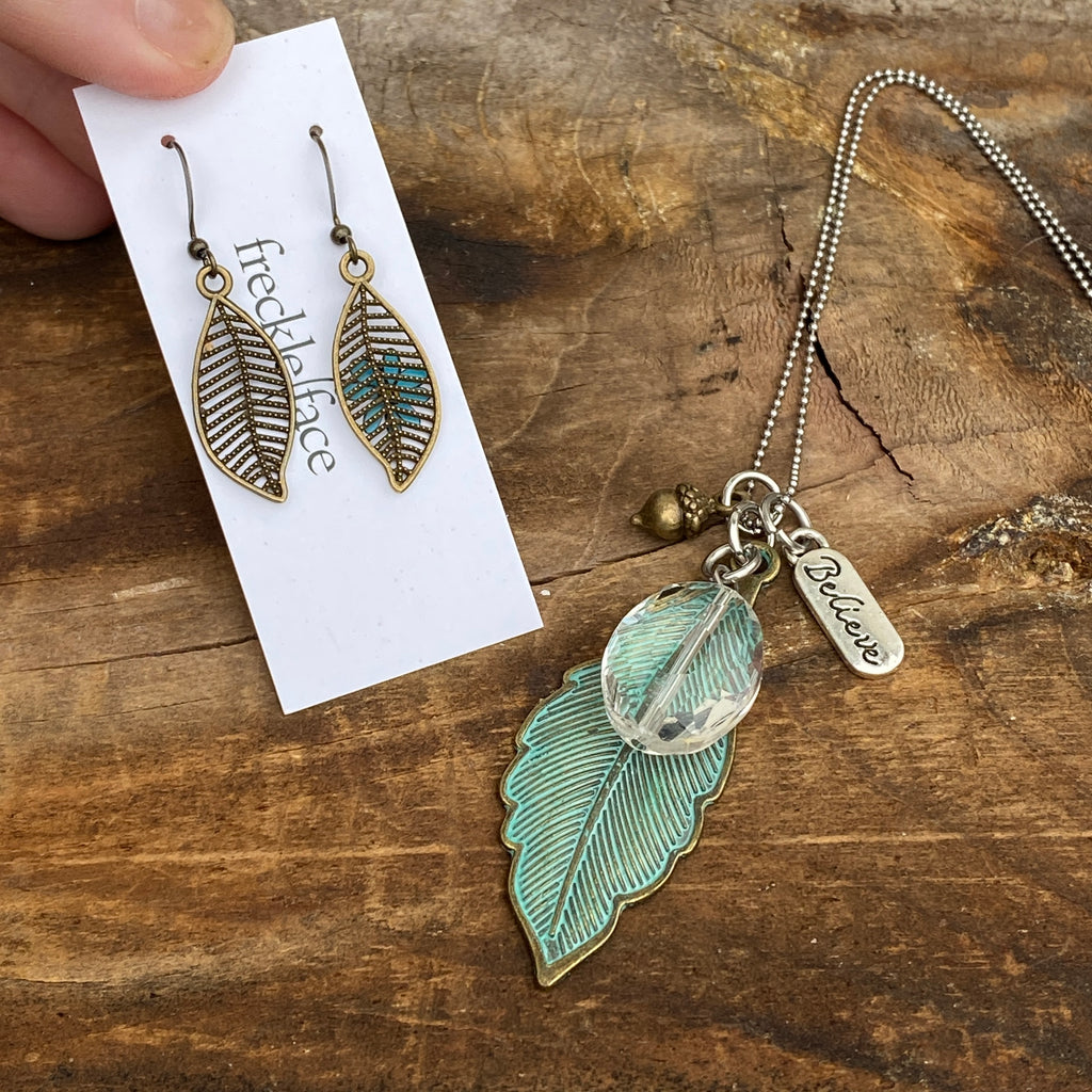 Patina Leaf Necklace & Earring Set