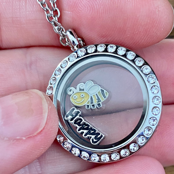Glass Locket BEE Happy Necklace
