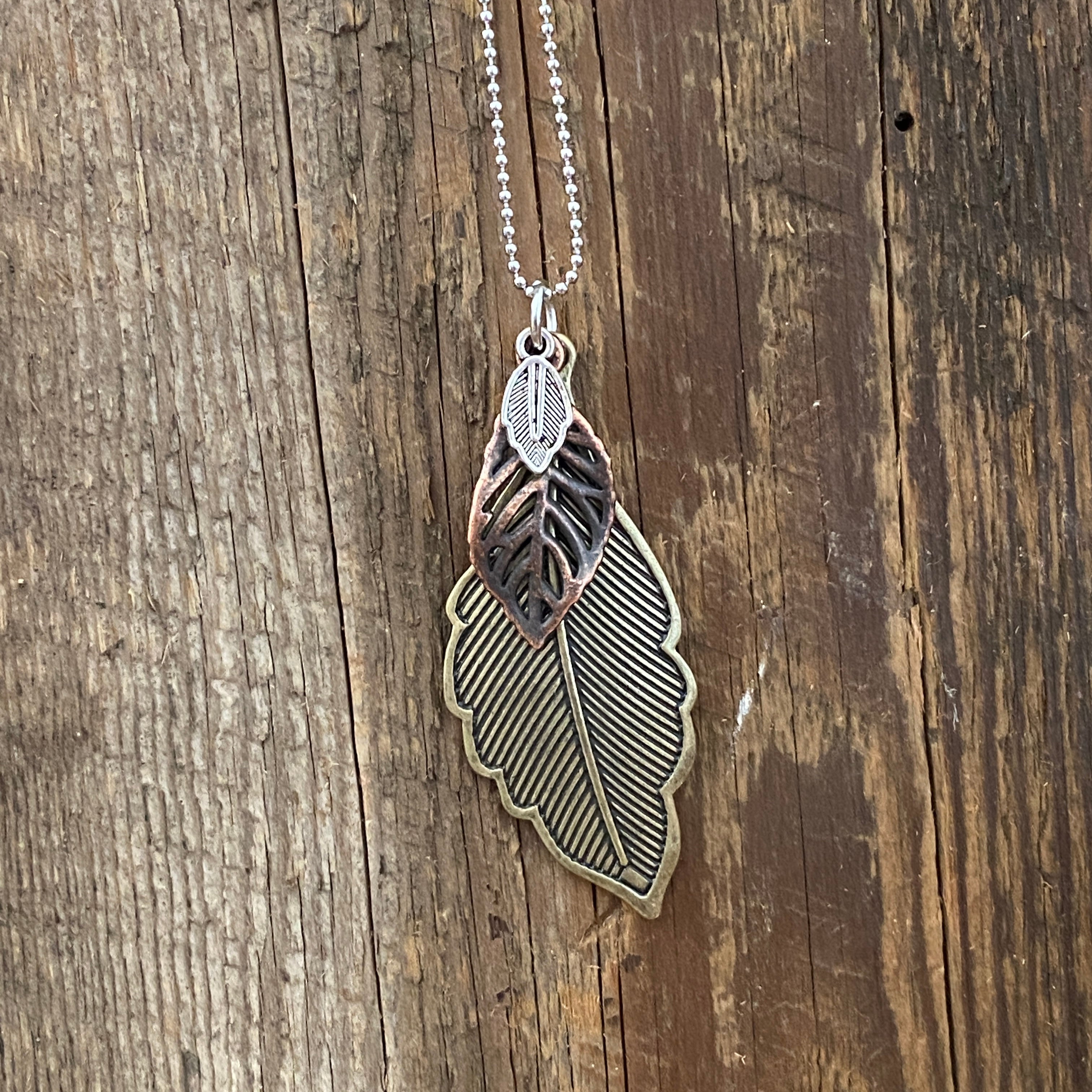 Mixed Metal Antique Brass Feather Necklace