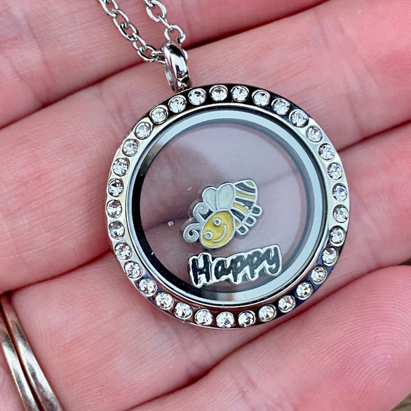 Glass Locket BEE Happy Necklace