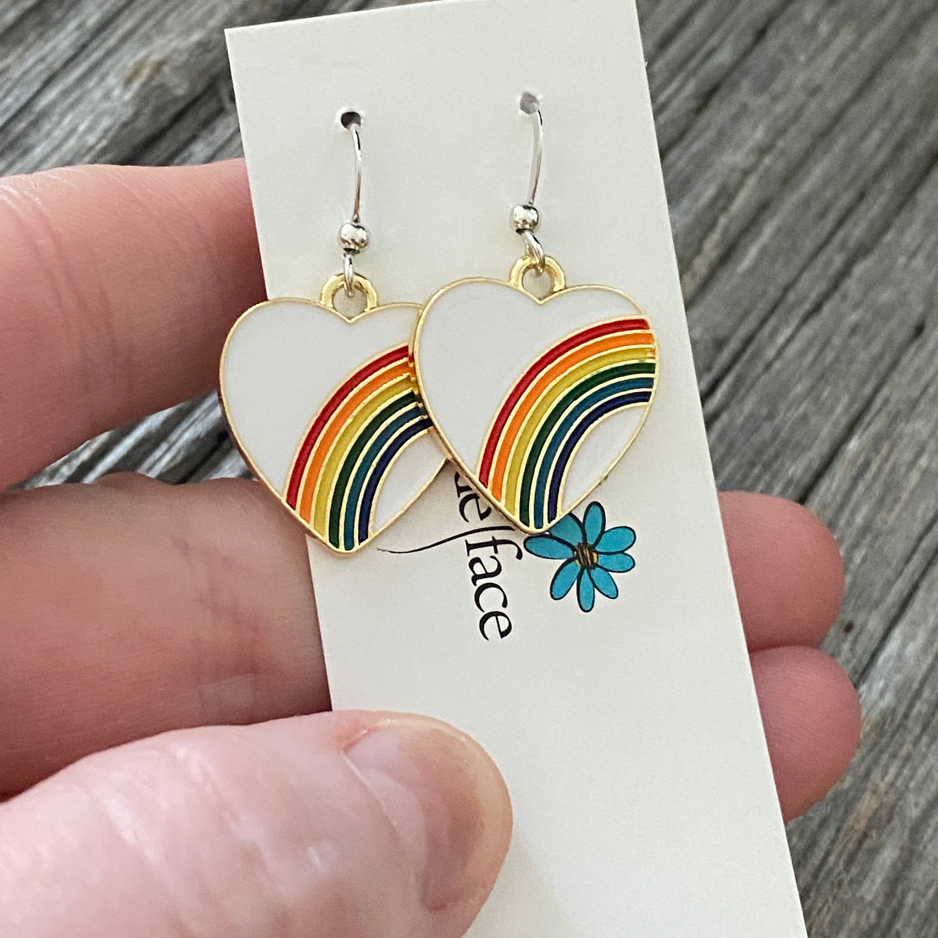 Rainbow Heart Enameled Hook Earrings