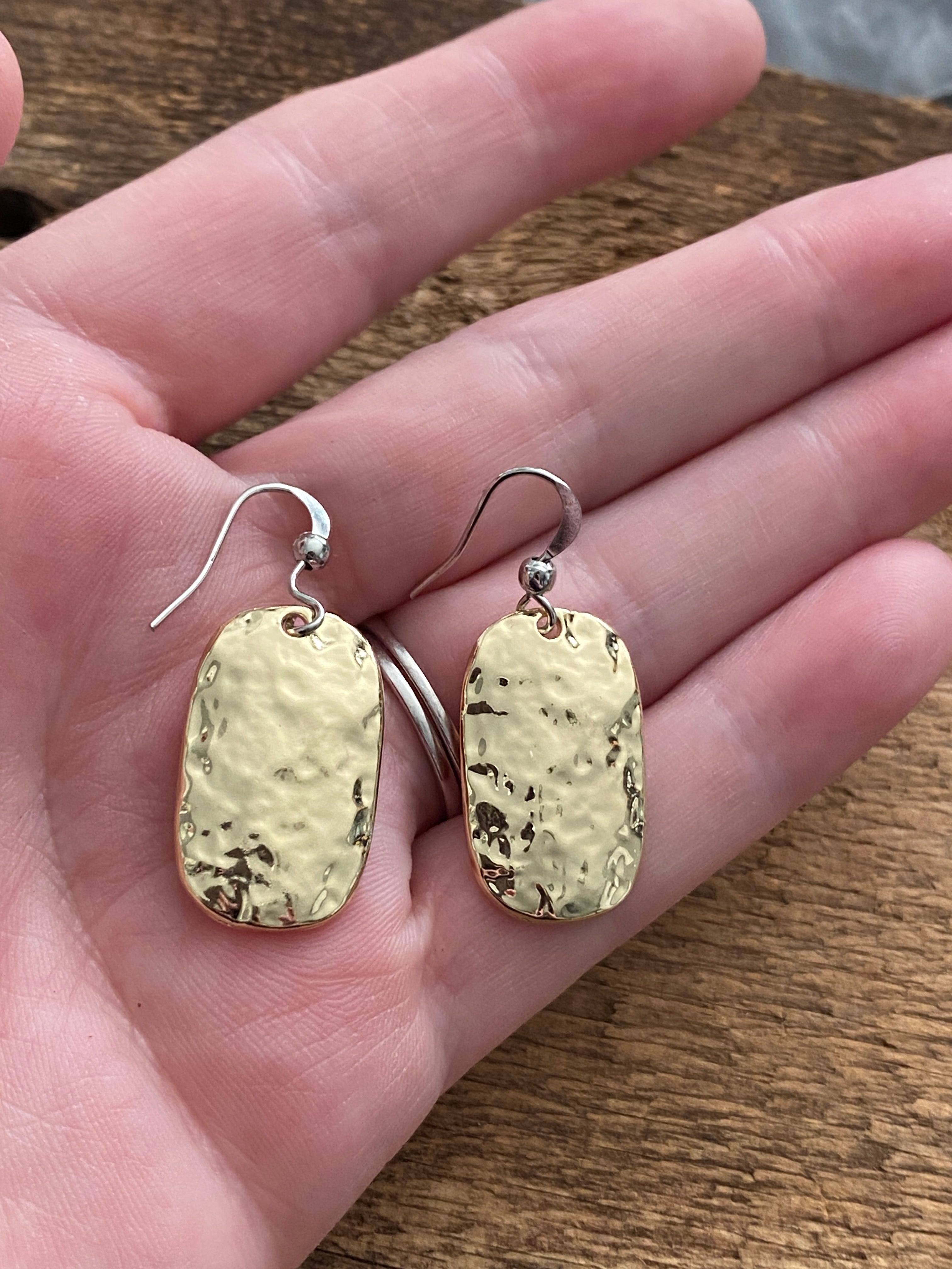 Hammered oblong gold earrings