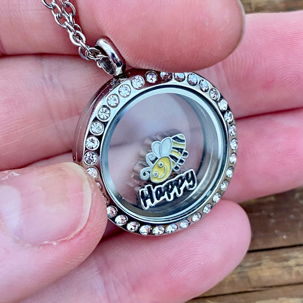 Glass Locket BEE Happy Necklace