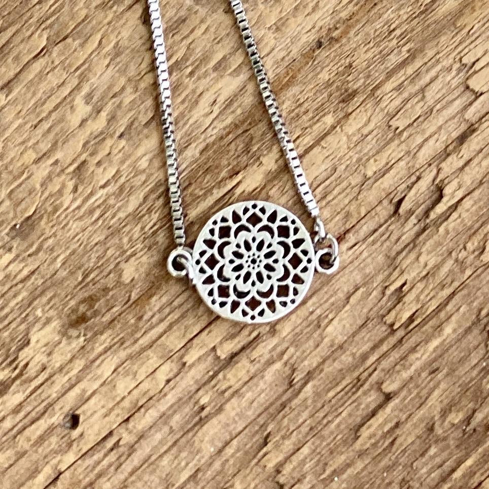 Adjustable Bracelet - Silver Mandala Disk