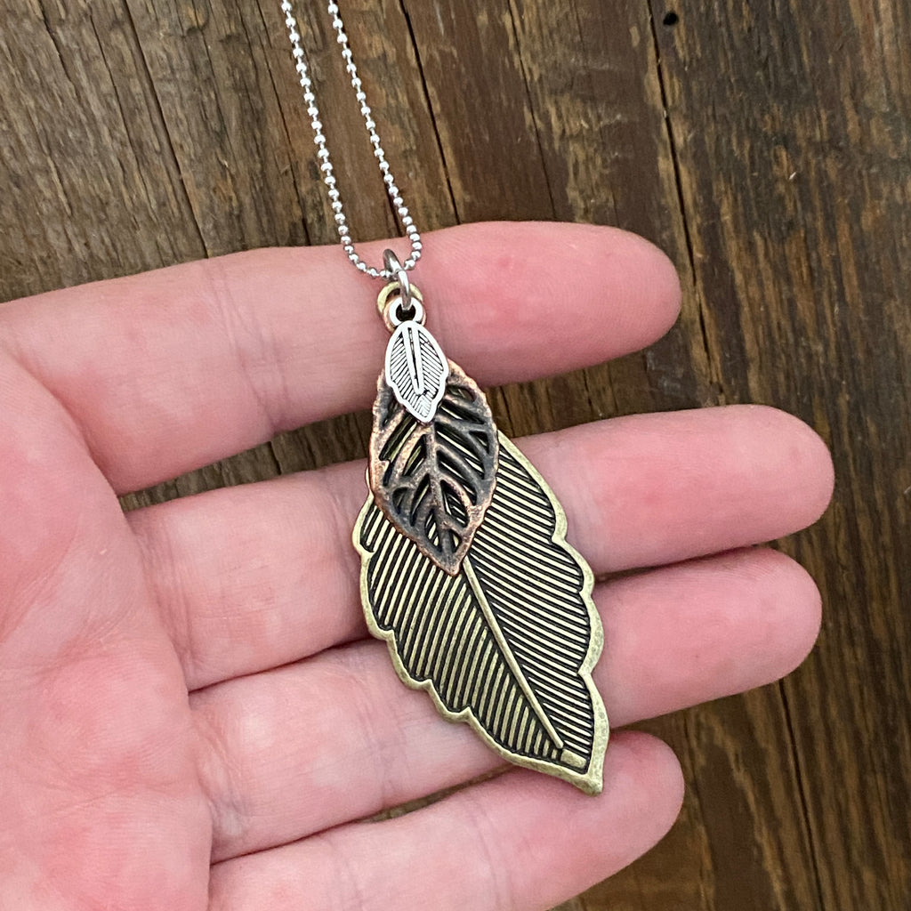 Mixed Metal Antique Brass Feather Necklace