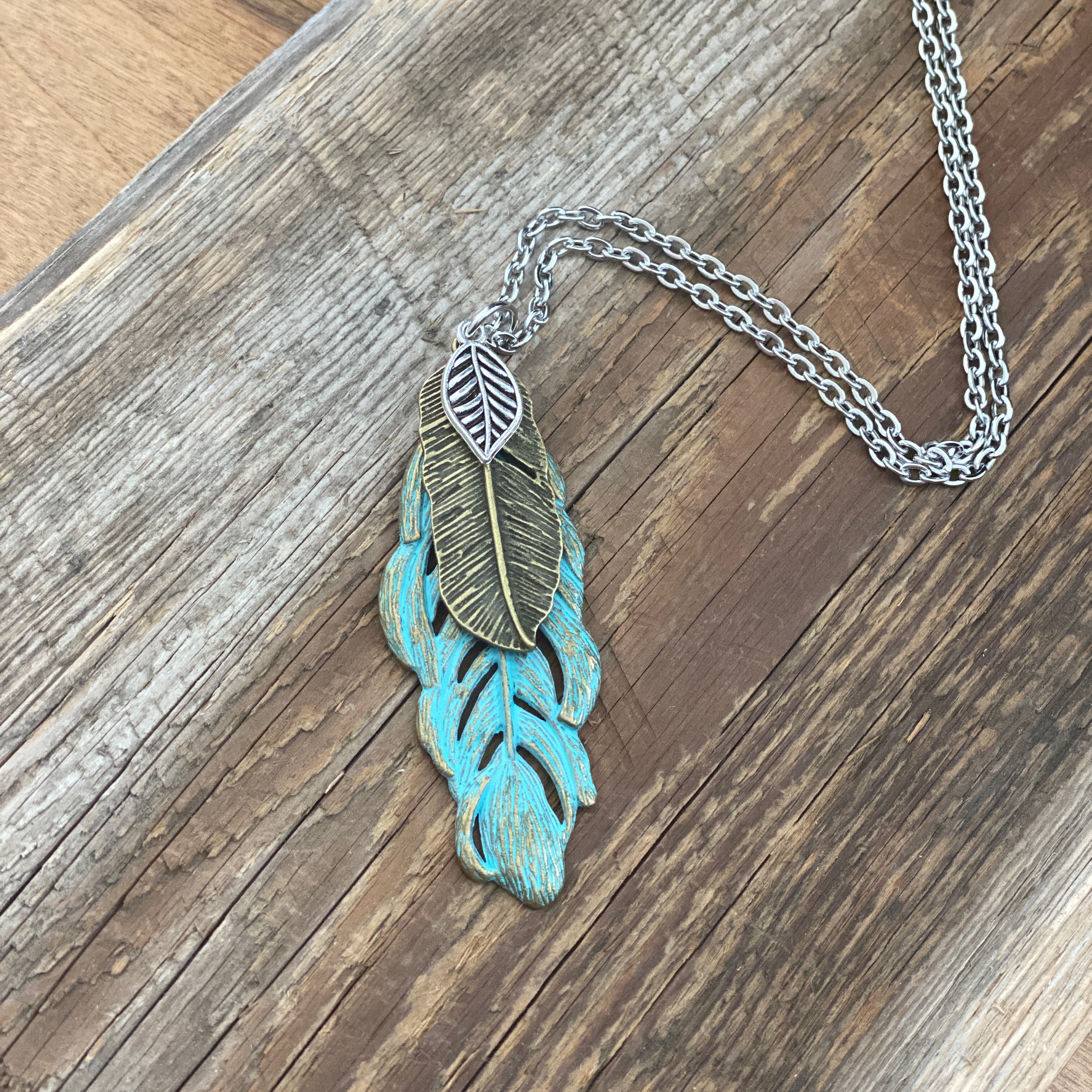 Triple Feather Patina Pendant Necklace