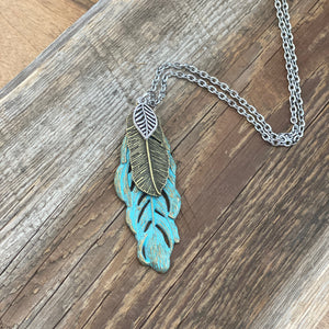 Triple Feather Patina Pendant Necklace
